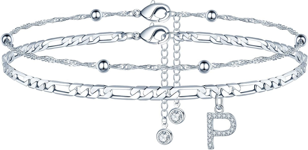 Ursteel Ankle Bracelets for Women, 14K Gold Plated Dainty Layered Chain CZ Initial Anklets Summer Jewelry Gifts for Women
