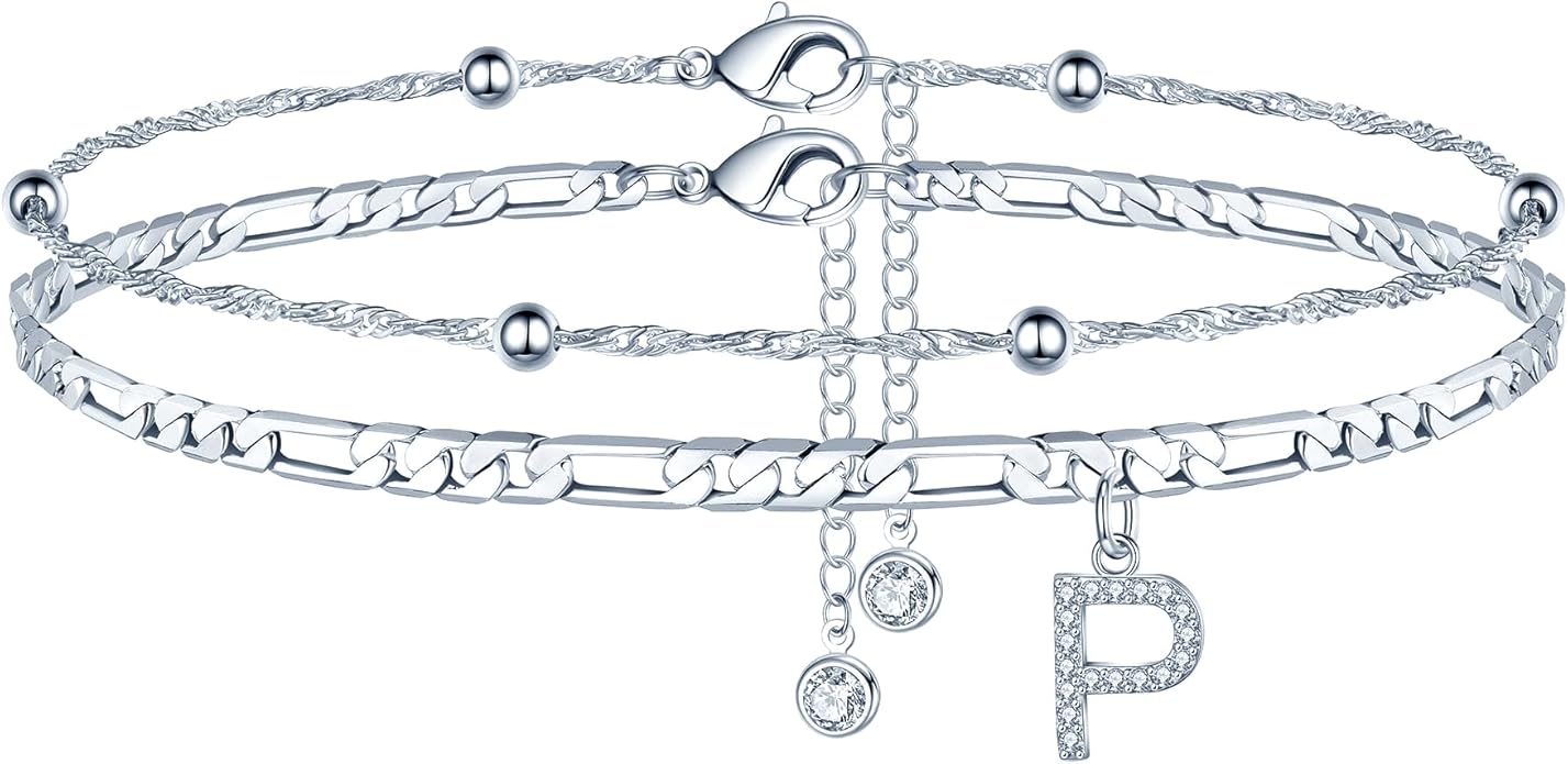Ursteel Ankle Bracelets for Women, 14K Gold Plated Dainty Layered Chain CZ Initial Anklets Summer Jewelry Gifts for Women
