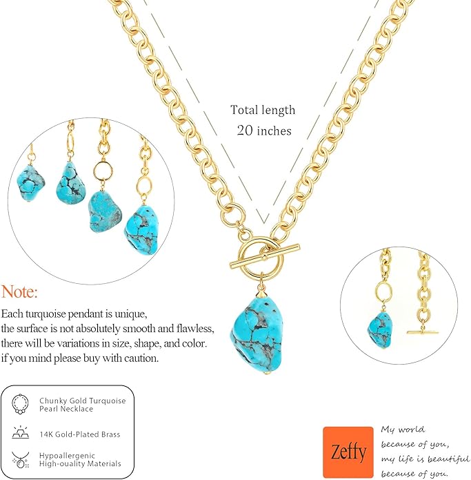 Zeffy 14K Gold/Silver Plated Chunky Thick Chain Toggle Clasp Necklace Dainty Baroque Pearl/Heart/Cross/Turquoise Pendant Necklace