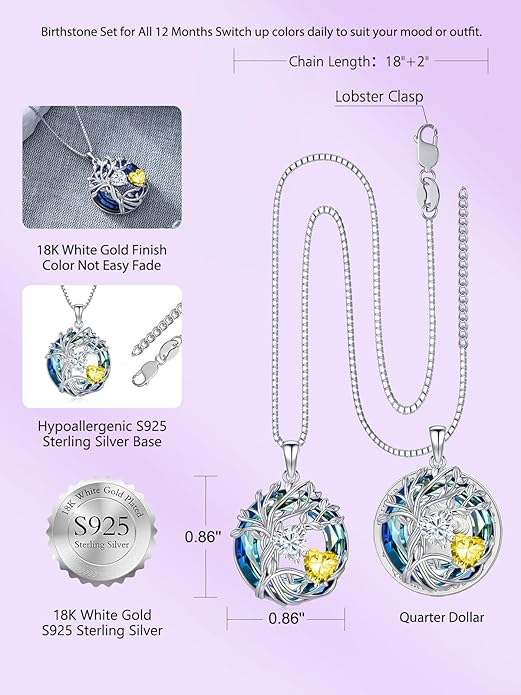 TOUPOP s925 Sterling Silver Family Celtic Tree of Life Pendant Necklaces with 2 Heart Birthstone with Blue Austrian Crystal Jewelry Birthday Valentines Day Gifts for Her, Anniversary Christmas Gifts for Wife Girlfriend Mom (18K Real White Gold Filled)
