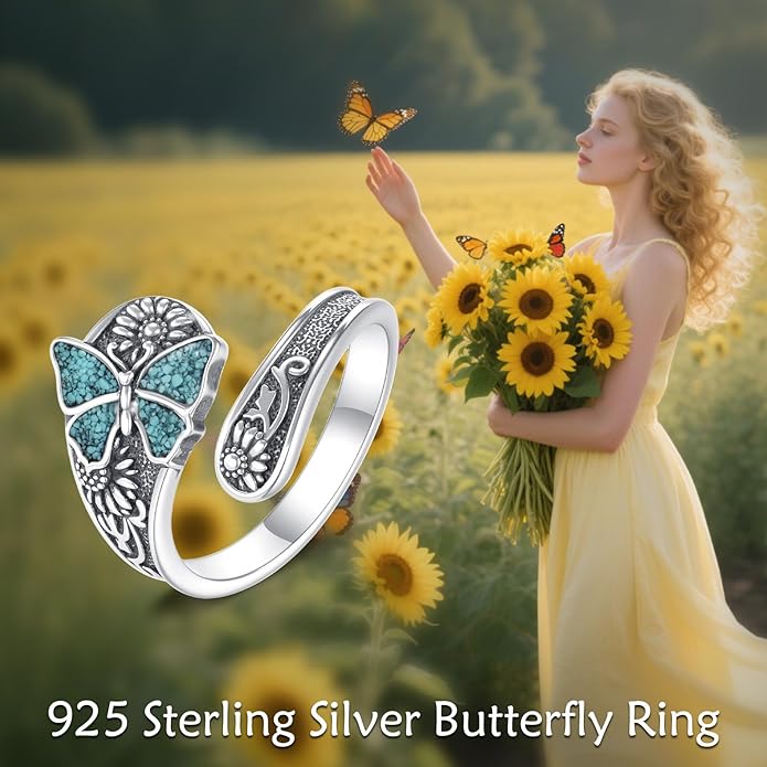 VONALA Vintage 925 Sterling Silver Butterfly Ring with Crushed Turquoise, Modern Vintage Women's Jewelry, Elegant Gift for Her,Adjustable Size 6–8