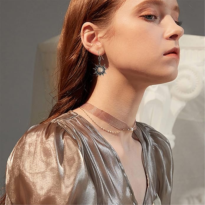 ANDPAI Unique Chic Abstract Hollow Black Vintage Silver Asymmetry Moon Star Sun Dangle Drop Earrings Black Moonstone Moon Hypoallergenic Earrings for Women Statement Jewelry Gifts