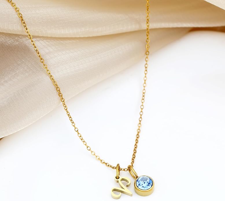 MISS RIGHT Initial Birthstone Necklace for Women - Personalized Gifts Birthday Gifts for Women Stainless Steel 18K Gold Plated Dainty Gold Zodiac Sign 12 Constellation Horoscope Necklace Jewelry