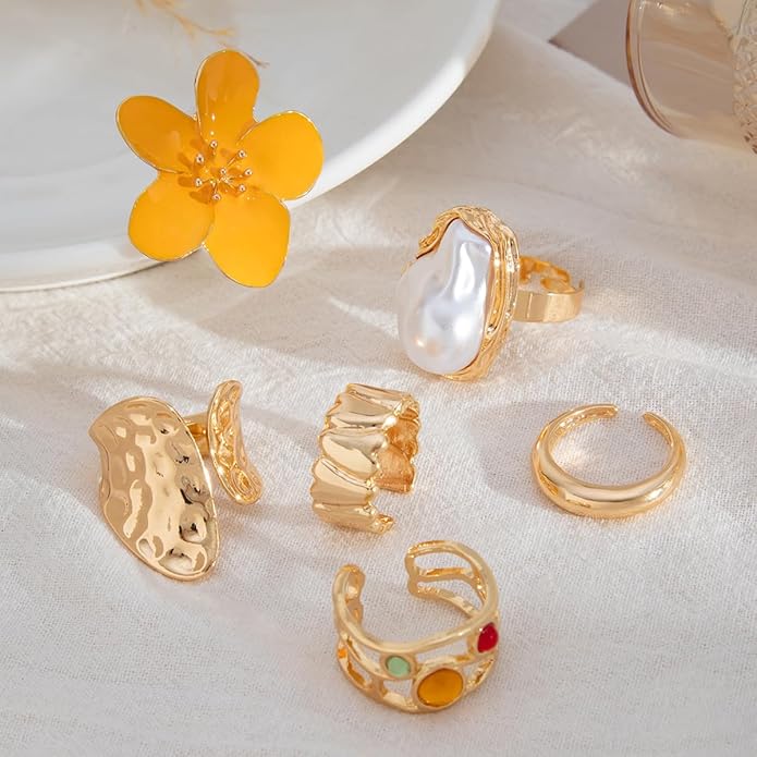 CJIAYUJEW Chunky Gold Flower Rings Pearl Stacking Statement Rings for Women Silver Chunky Knuckle Ring Set Adjustable Pearl Finger Ring Sets