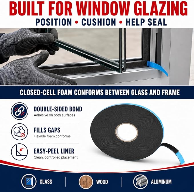 GGR Supplies DC-PEF06P Double Sided Window Glazing Tape, 1/16 Inch Thick x 1 - Image 3