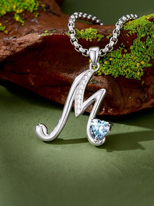 Valentines Day Gifts for Women Alphabet A to Z Initial Birthstone Pendant Necklaces for Women - 18k White Gold Plated Personalized Name Jewelry Valentine Mothers Day Birthday Gifts for Women Her Girlfriend