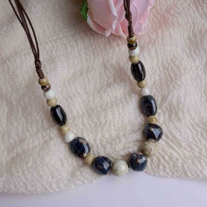 Boho Round Colorful Ceramic Beaded Necklace, Adjustable Hippie Statement Necklace, Handmade Ethnic Jewelry Gift for Women