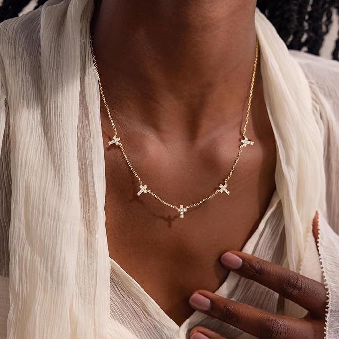 VRIUA Necklaces for Women - 14K Gold/Silver Plated Dainty Chain Necklace with Five Charms: Diamond, Bow, Snowflake, Cross, Flower, Clover, Butterfly, Heart, Star of David, and Star Trendy Jewelry