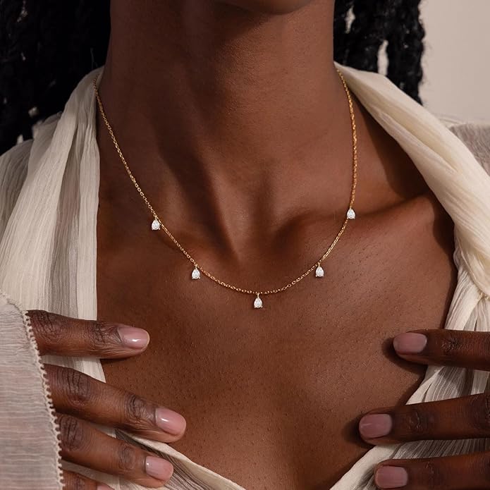 VRIUA Necklaces for Women - 14K Gold/Silver Plated Dainty Chain Necklace with Five Charms: Diamond, Bow, Snowflake, Cross, Flower, Clover, Butterfly, Heart, Star of David, and Star Trendy Jewelry