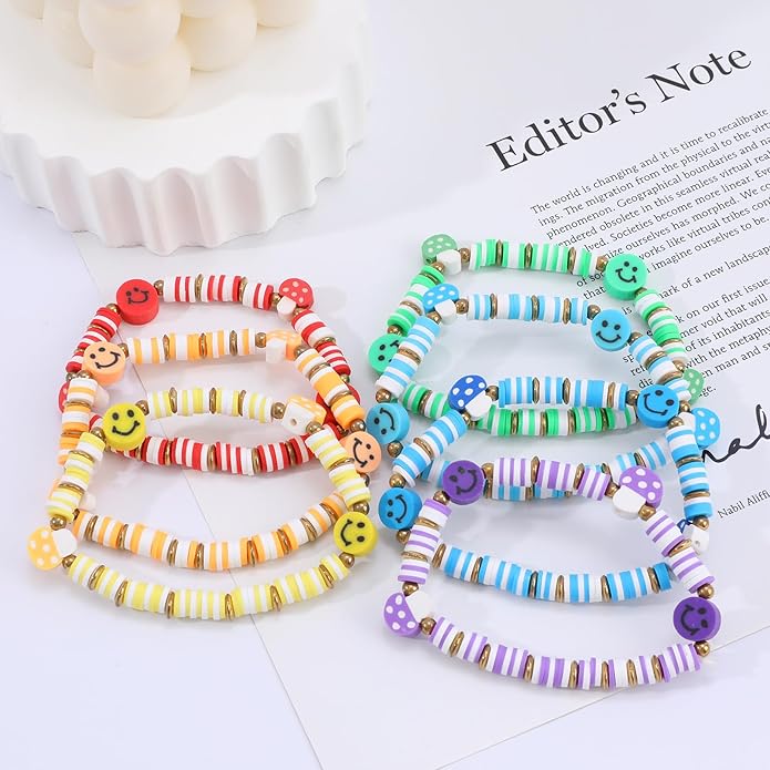 Bohemian Colorful Beaded Bracelets for Women Boho Stackable Natural Stone Letter Clay Glass Beads Stretch Bracelet Set with Charm, Cute Rainbow Friendship Bracelets for Summer Vacation