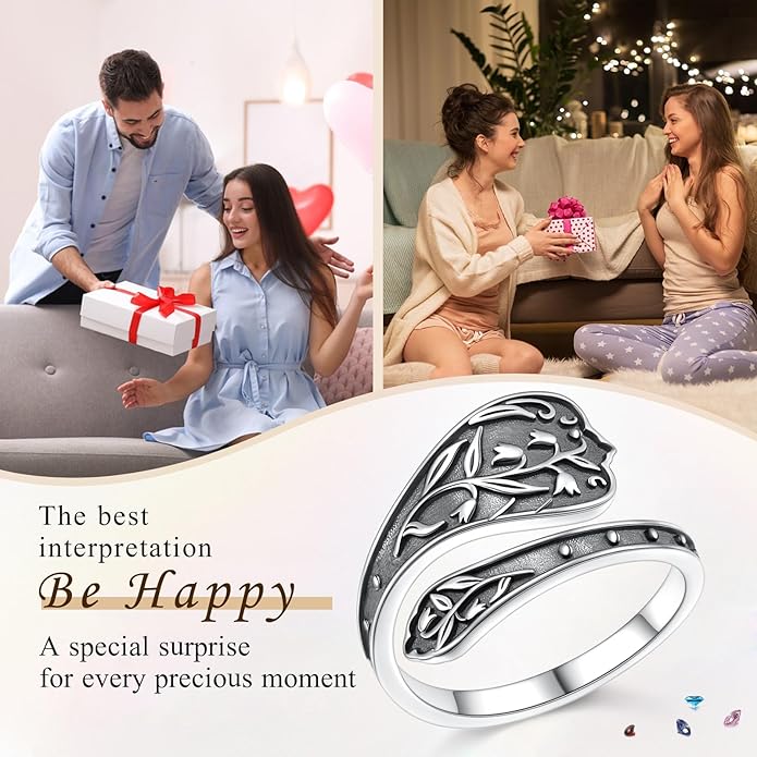 925 Sterling Silver Hummingbird/Sunflower Turquoise/Moonstone/Lily of the Valley Flower Spoon Ring Adjustable Open Ring Statement Thumb Ring Jewelry for Women