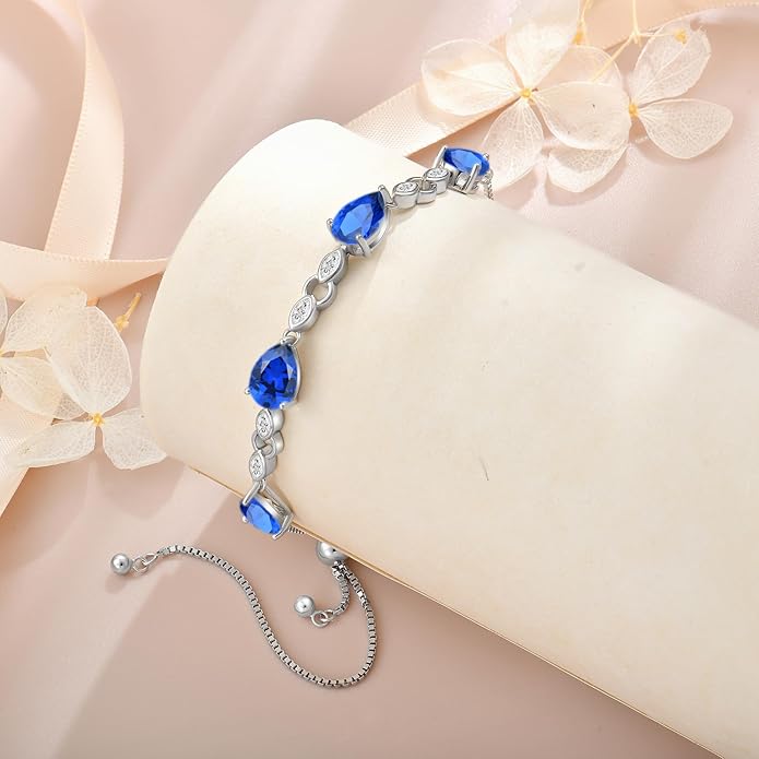 Teardrop Birthstone Bracelet for Women, S925 Sterling Silver Pear Cut Cubic Zirconia Bracelet Dainty Adjustable Chain Jewelry Gift for Her