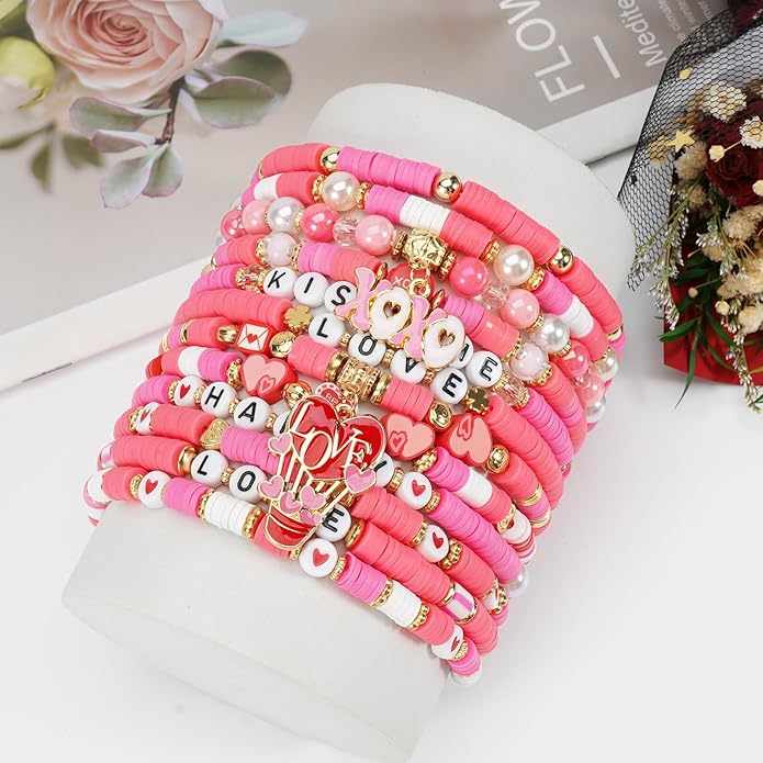 Beaded Bracelet for Women Pink Love Heart Stretch Bracelets Accessories