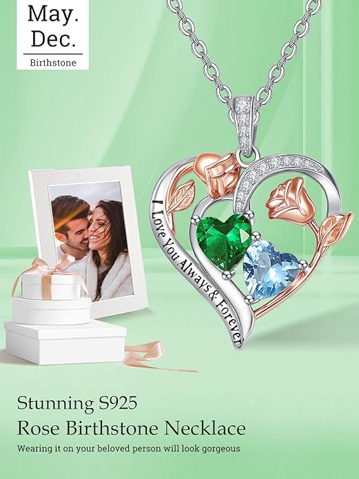 Valentine's Day Gifts for Wife 925 Sterling Silver Double Birthstone Pendant Necklaces I Love You for Always and Forever Necklace Anniversary Birthday Gifts for Wife Girlfriend Mom Her