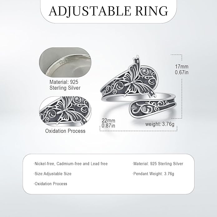 Adjustable Rings 925 Sterling Silver Jewelry Witch Hat Fox Dolphin Butterfly Dragonfly Spoon Ring Gifts for Women Men Lover Anniversary Birthday Graduation Christmas Valentine's Day Mother's Day
