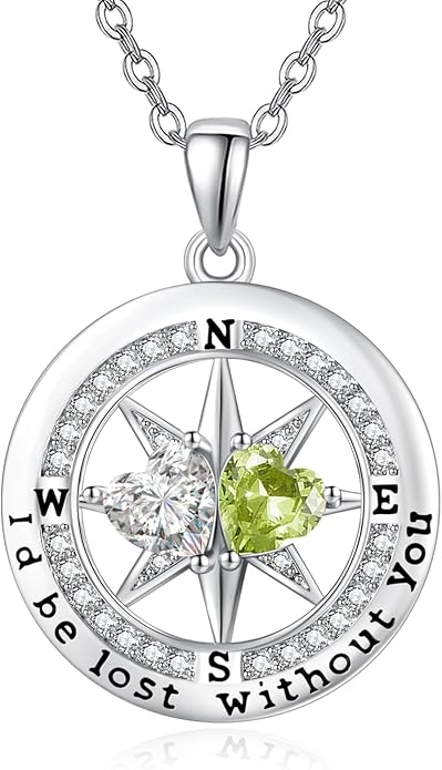 Compass Necklace for Women, Exquisite S925 Valentines Day Anniversary Birthday Gifts for Wife Her Double Birthstone Pendant Jewelry ‘I'd be Lost Without You’