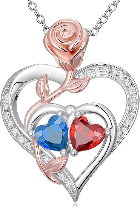 Rose Flower Heart Pendant for Women Birthday Gifts 18k Gold Plated Mother Daughter Necklace with 12 Months Birthstone Christmas Valentines Day Gifts for Her Mom Anniversarry Jewelry for Mom Wife Girlfriend