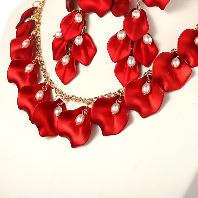 Flower Petal Necklace Earrings Set Layered Statement Beaded Jewelry Set for Women Summer Necklace Earrings
