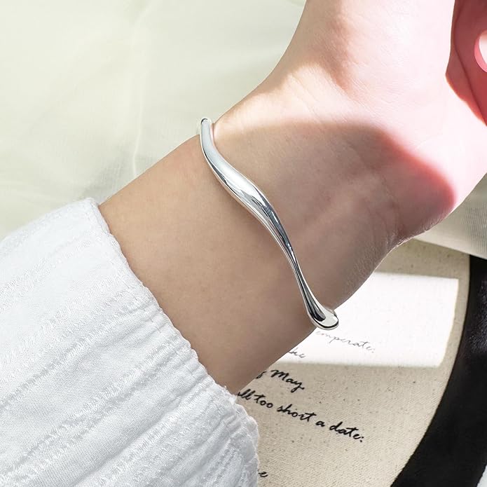 Sterling Silver Wavy Cuff Bracelet - Adjustable Irregular Thin Bangle for Women