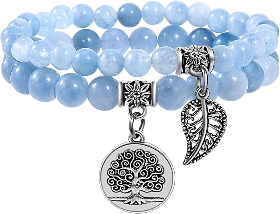 Bivei Natural Semi Precious Gemstone beads bracelet for women - Life Tree and Leaf Charm Energy Reiki Crystal Stretch Bracelets
