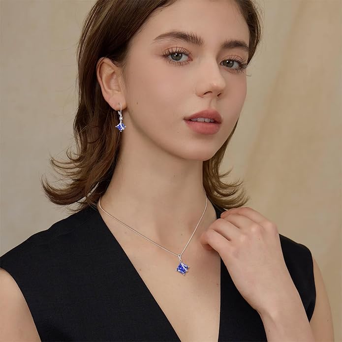 Square Princess Cut Necklace and Earrings Set 925 Sterling Silver Solitaire Tanzanite Jewelry Set for Women December Birthstone Jewelry Gifts for Her