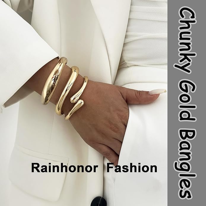 Chunky Gold Bangles Bracelets for Women Gold Cuff Bracelet Set Waterproof Non Tarnish Stack Bracelet for Women Gifts