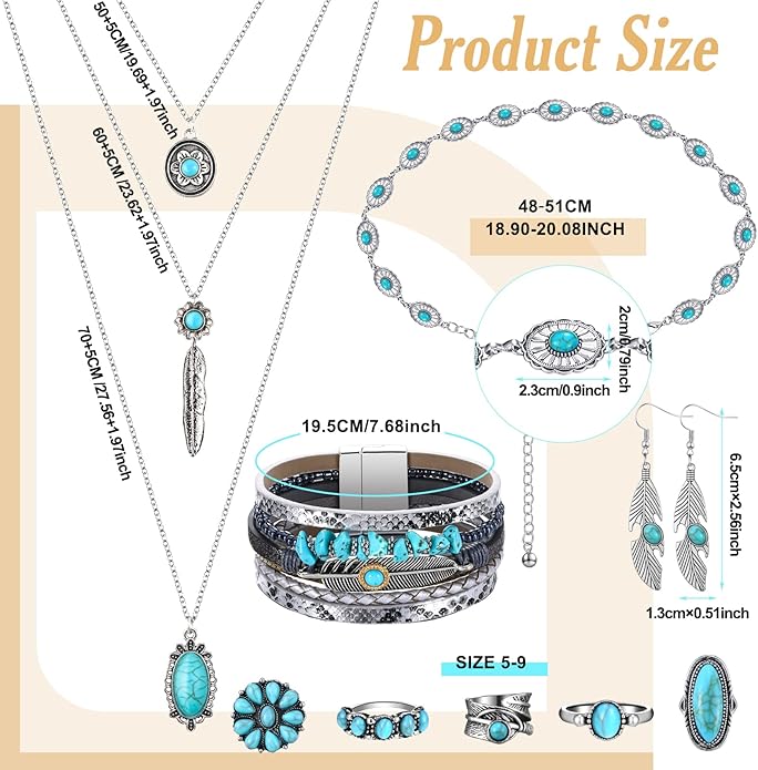 Geyoga 9 Pcs Western Jewelry For Women Bohemian Turquoise Jewelry Set Turquoise Necklace Dangle Earrings Rings Waist Chain Western Bracelets for Women Holiday Gift