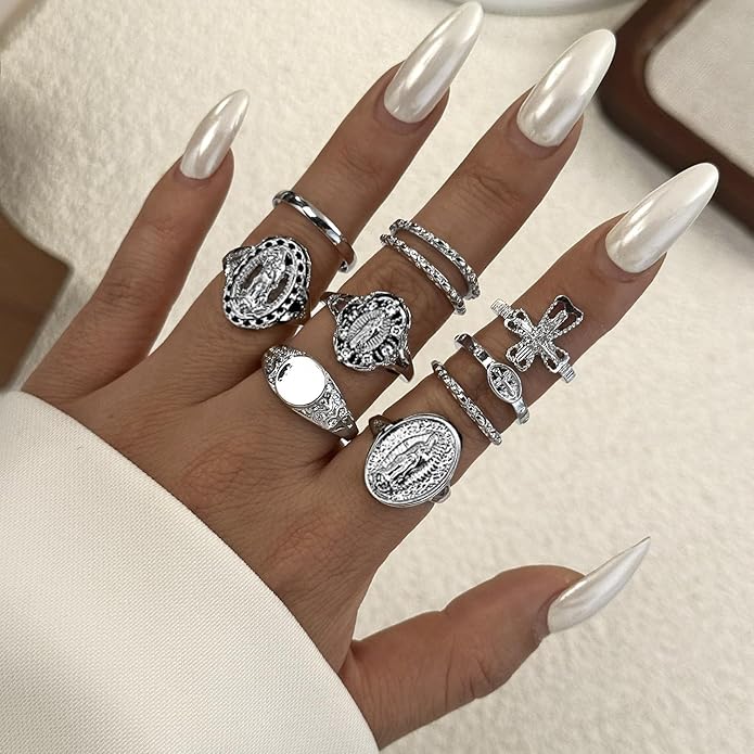 Chunky Gold Rings for Women Rhinestone Stackable Knuckle Ring Set Open Adjustable Statement Ring Set Dainty Crown Cross Midi Rings Fashion Jewelry Gift for Women
