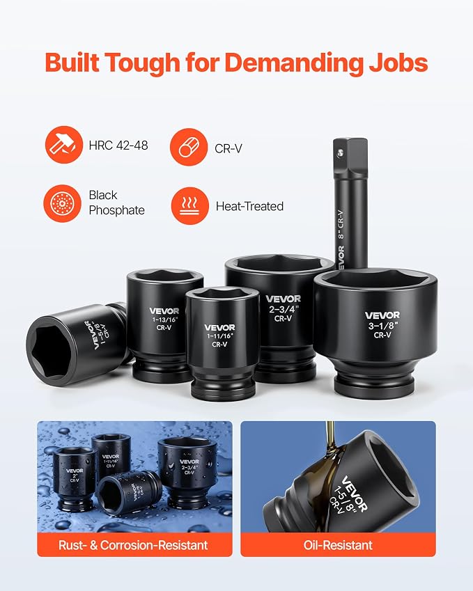 VEVOR 1 in Drive Impact Socket Set, 21 Piece, SAE | 6 Point Shallow Cr-V Impact - Image 2
