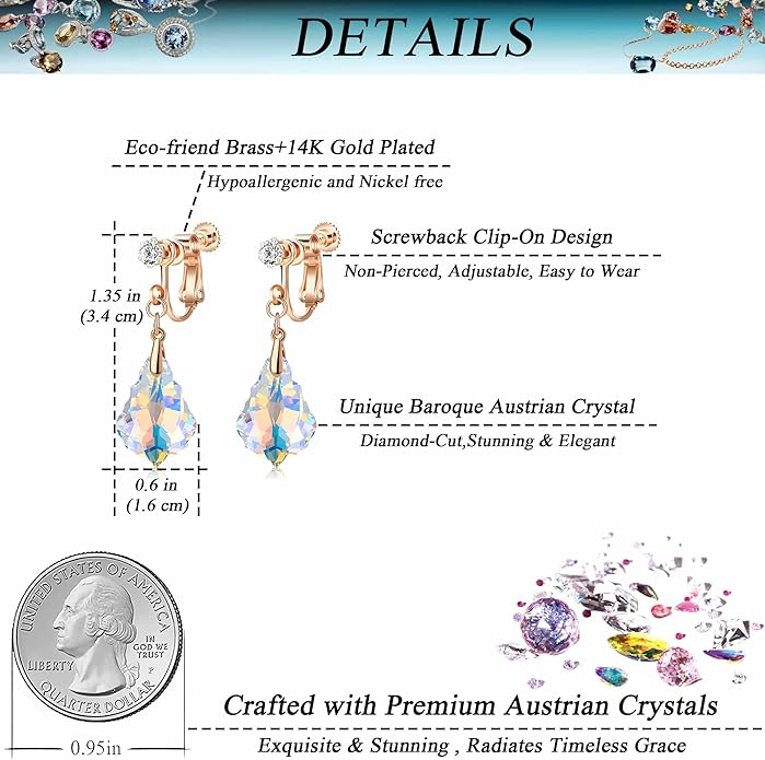 Austrian Crystal Baroque Drop Clip On Dangle Earrings for Women Non Pierced 14K Rose Gold Plated Hypoallergenic Jewelry