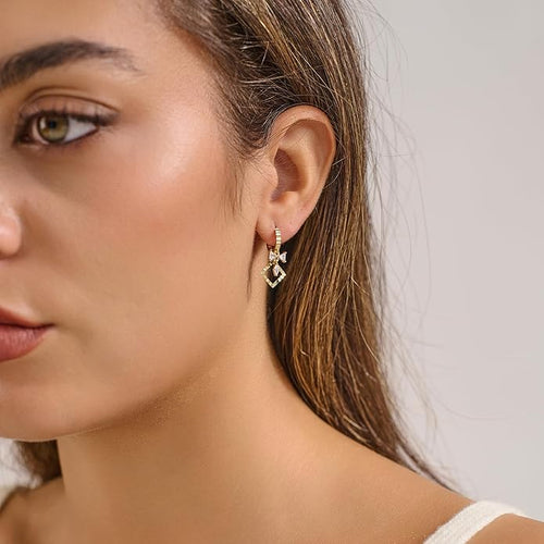 14K Gold Hoop Earrings for Women, 8mm Inner Diameter Huggie Hoops with Heart & Bow CZ Drop, Cubic Zirconia Elegant Dangle Earring, Hypoallergenic Dainty Jewelry, Aretes De Oro Para Mujer 14k