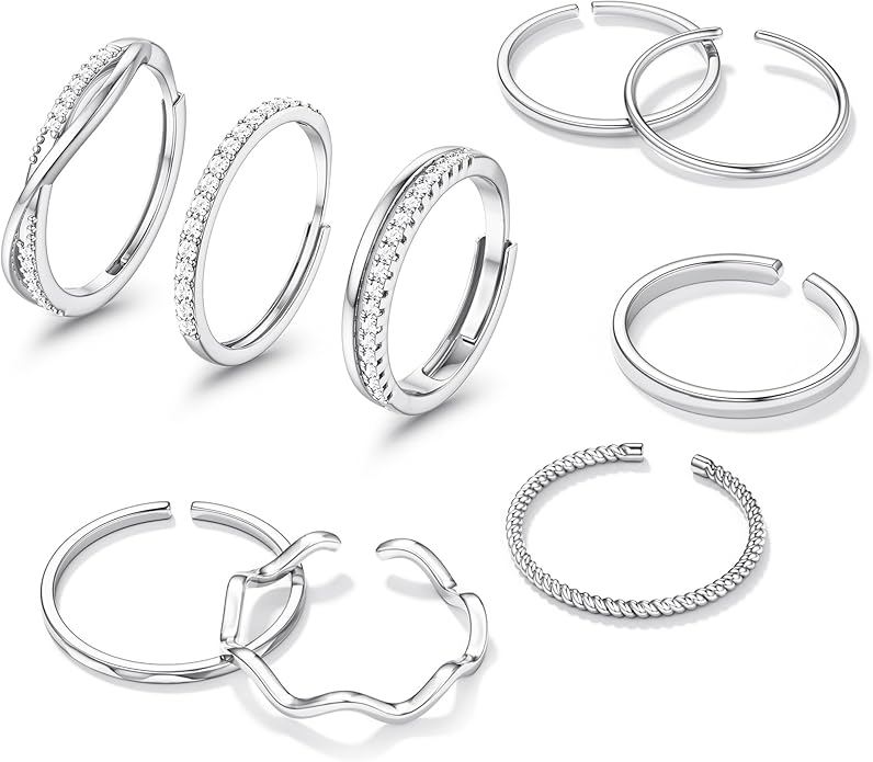 Jstyle Gold Stackable Rings for Women Non Tarnish Open Adjustable Rings Cubic Zirconia Thin Thumb Silver Ring Set 14K Gold Filled Pinky Knuckle Stacking Set - Dainty Statement Promise Band Ring Sets
