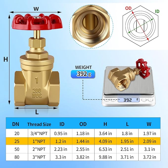 1’’ NPT Brass Gate Valve, 200 WOG Manual Rotary Sluice Valve - Image 2