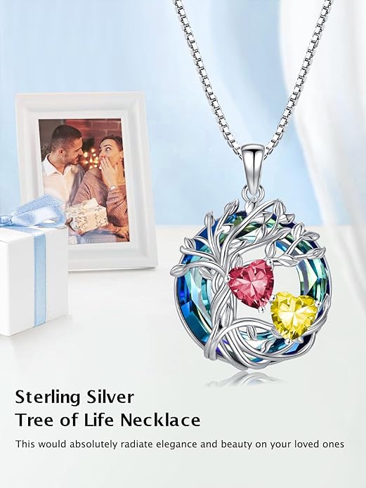 TOUPOP s925 Sterling Silver Family Celtic Tree of Life Pendant Necklaces with 2 Heart Birthstone with Blue Austrian Crystal Jewelry Birthday Valentines Day Gifts for Her, Anniversary Christmas Gifts for Wife Girlfriend Mom (18K Real White Gold Filled)