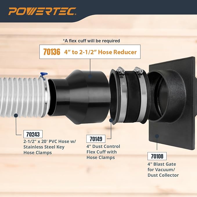 POWERTEC 70136-P4 4 Inch Hose to 2-1/2 Inch Hose Cone Reducer, Dust Collection - Image 6