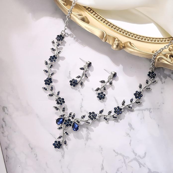 BriLove Women's Wedding Jewelry Leaf Cluster Flower Crystal Dangle Earrings Pendant Necklace Set for Bridal