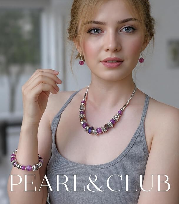 PEARL&CLUB Silver Beaded Statement Necklaces for Women Chunky Bead Necklace Bracelet and Earring Costume Jewelry Sets Gifts for Mom