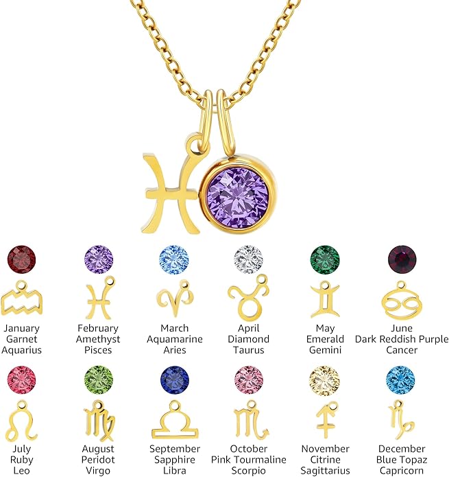 MISS RIGHT Initial Birthstone Necklace for Women - Personalized Gifts Birthday Gifts for Women Stainless Steel 18K Gold Plated Dainty Gold Zodiac Sign 12 Constellation Horoscope Necklace Jewelry