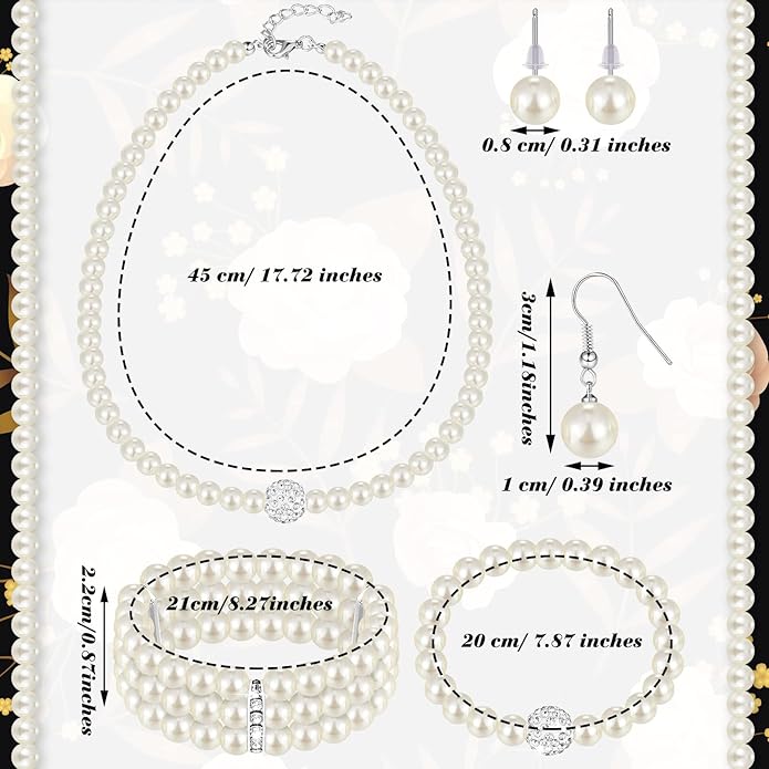 Glenmal Pearl Rhinestone Jewelry Set for Women Pearl Necklace Bracelet Earrings for Wedding Birthday Bridal Shower Tea Party