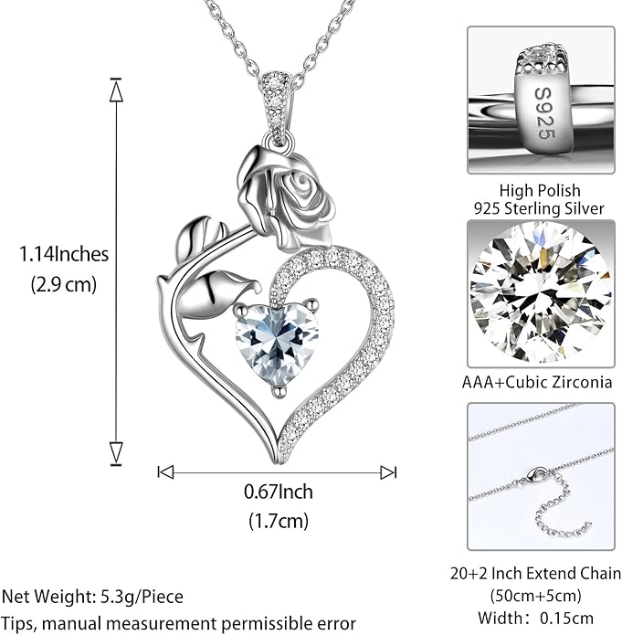 Jewmon Valentine Day Gifts for Her Rose Heart Birthstone Necklace for Women 925 Sterling Silver Birth Stone Flower Rose Necklace Anniversary Love GIfts for Girlfriend Wife Mom Birthday Gifts for Her