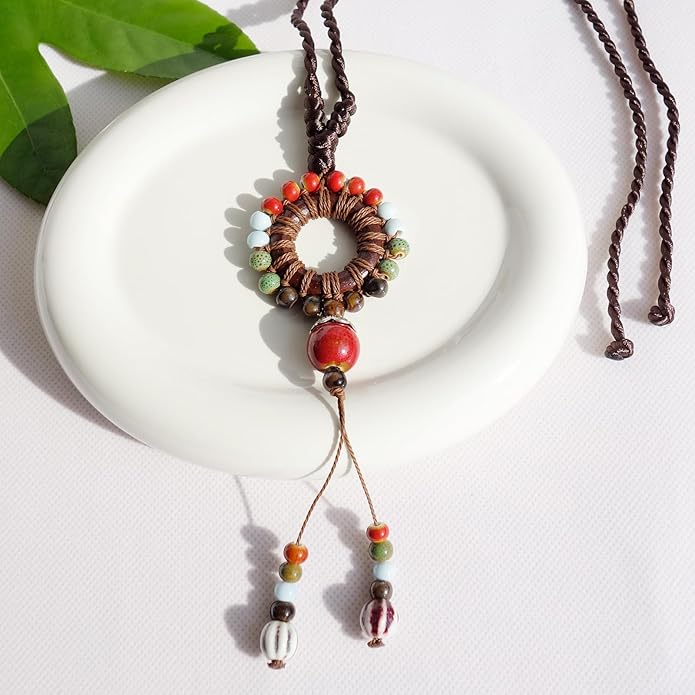 Boho Style Colorful Ceramic Bead Strand Necklace Adjustable Bohemian Jewelry Gift for Women, Fashion Clothing Matching Necklace