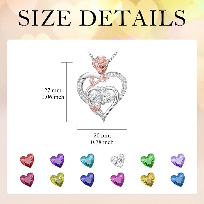 Rose Flower Heart Pendant for Women Birthday Gifts 18k Gold Plated Mother Daughter Necklace with 12 Months Birthstone Christmas Valentines Day Gifts for Her Mom Anniversarry Jewelry for Mom Wife Girlfriend