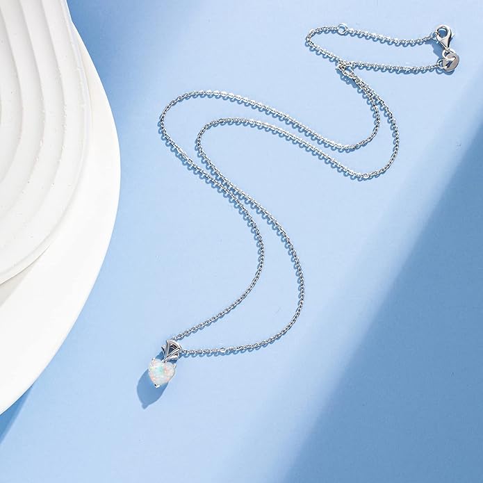 Agvana Valentines Day Gifts 14K White Gold Gemstone Pendant with Sterling Silver Chain 8mm Heart Birthstone Necklace for Women Fine Jewelry Anniversary Birthday Gifts for Women Mom Wife Girlfriend Her