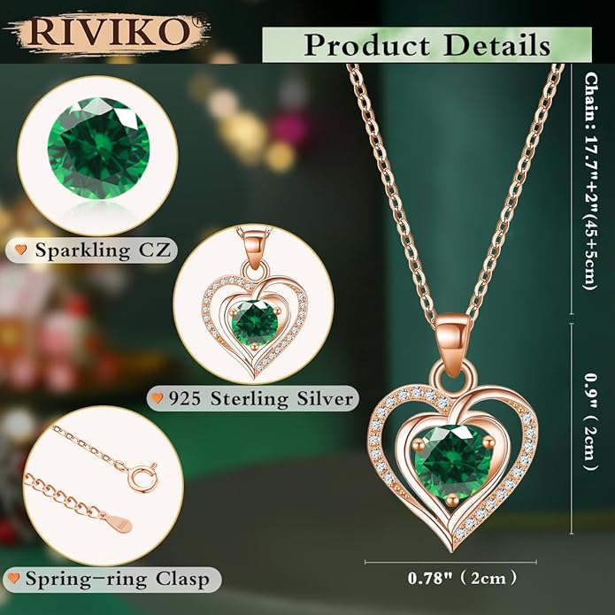 RIVIKO Heart Birthstone Pendant Necklace for Women 925 Sterling Silver Zirconia Necklaces Valentine's Day Anniversary Birthday Mothers Day Jewelry Gifts For Her Mother Wife