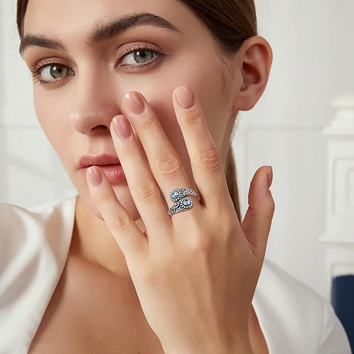 925 Sterling Silver Hummingbird/Sunflower Turquoise/Moonstone/Lily of the Valley Flower Spoon Ring Adjustable Open Ring Statement Thumb Ring Jewelry for Women