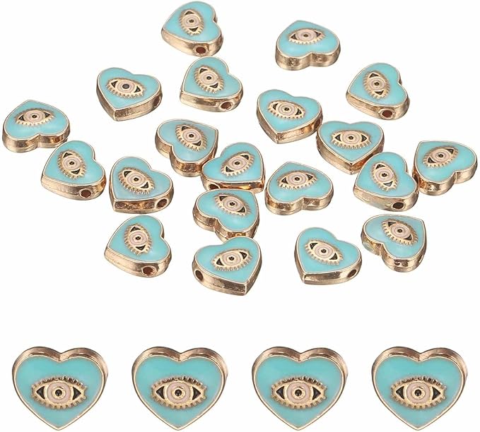 MECCANIXITY 20 Pcs Heart Evil Eye Beads Colorful Flat Loose Spacer Evil Eye Charms for DIY Bracelet Earrings Necklace Crafts Jewelry Making, Sky Blue