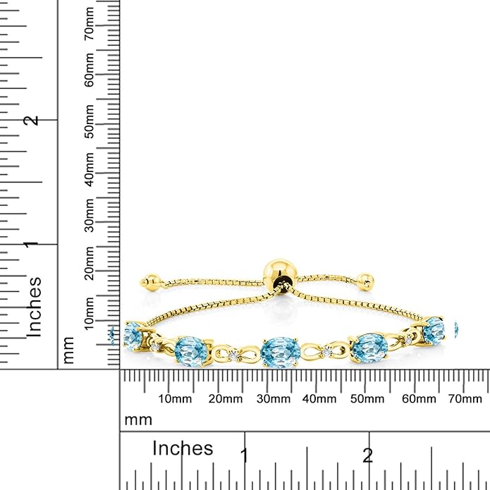Gem Stone King 7X5MM Oval Cut Gemstone Birthstone and Accent Lab Grown Diamond Tennis Bracelet For Women In 18K Yellow Gold Plated Silver | Adjustable Bolo Bracelet For Women | Easy-On Easy-Off