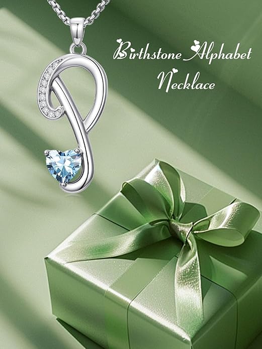 Valentines Day Gifts for Women Alphabet A to Z Initial Birthstone Pendant Necklaces for Women - 18k White Gold Plated Personalized Name Jewelry Valentine Mothers Day Birthday Gifts for Women Her Girlfriend