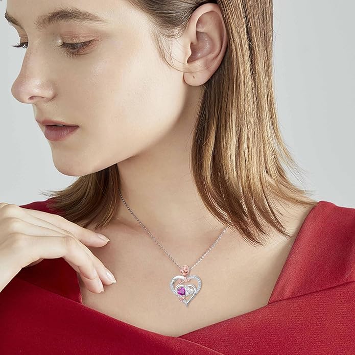 Rose Flower Heart Pendant for Women Birthday Gifts 18k Gold Plated Mother Daughter Necklace with 12 Months Birthstone Christmas Valentines Day Gifts for Her Mom Anniversarry Jewelry for Mom Wife Girlfriend