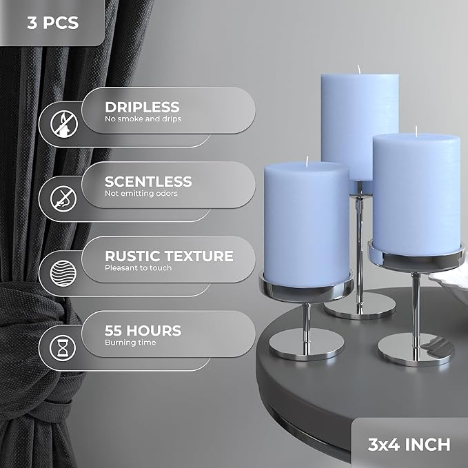 3x4 inch Pillar Candles Set of 3 – Unscented Dripless Rustic Light Blue Candles - Image 3